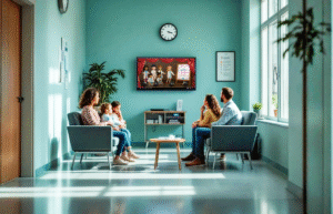 family in a doctor's office watching a movie